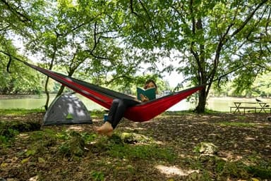 Durable Hammock 400 lb Capacity, Nylon Camping Hammock Chair - Double or Single Sizes w/Tree Straps and Attached Carry Bag - for Travel/Backpacking/Beach/Backyard (Medium, Black & Light Grey) - Image 9