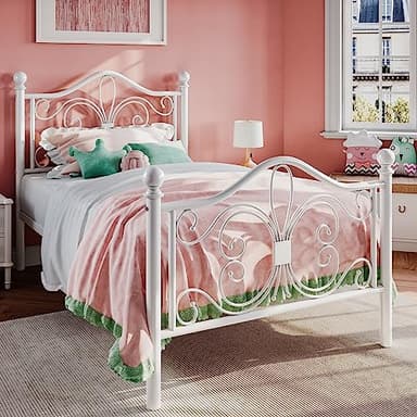 SHA CERLIN Twin Size Bed Frame for Kids,Metal Bed Frame with Butterfly Pattern Design Headboard & Footboard,No Box Spring Needed,Easy Assembly,White - Image 3