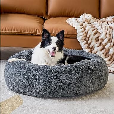 Bedsure Calming Dog Bed for Large Dogs - Donut Washable Large Pet Bed, 36 inches Anti-Slip Round Fluffy Plush Faux Fur Dog Bed, Fits up to 80 lbs Pets, Dark Grey - Image 4