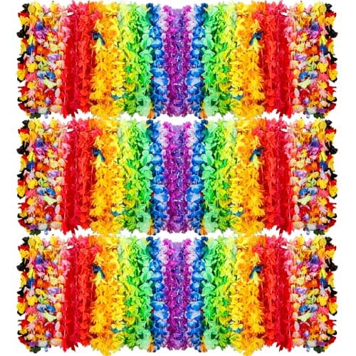 AMAZING TIME 200 Count Hawaiian Lei Bulk, Tropical Luau Hawaii Theme Silk Flower Necklace, Party Favors for Beach Holiday Wedding Birthday Party, Aloha Summer Party Decorations - Image 1