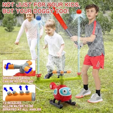 4 in 1 Water Sprinklers T Ball Set for Kids and Toddlers, Baseball Sprinkler for Backyard Helicopter Toy Outdoor Game, Attaches to Garden Hose Summer Yard Pool Water Toy - Image 3