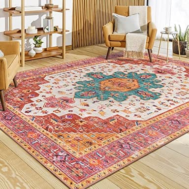 Moynesa Ultra-Thin Washable Pink Area Rug - 6x9 Large Boho for Girls Bedroom, Dining Room, Non-Shed Playroom, Office, Indoor Printed Boho Floor Carpet for Living Room Decor - Image 1