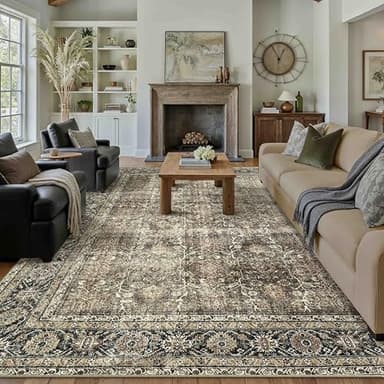 PureCozy Vintage Area Rug 9x12 Brown Washable Living Room Large Carpet Non Slip Bedroom Indoor Office Low Pile Traditional Distressed Retro Accent Rug for Dining Room - Image 1