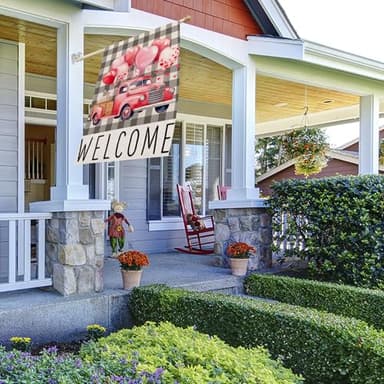 FUYUCHEN Valentines Day House Flag 28x40 Inch Double Sided Outside Buffalo Plaid Welcome Love Hearts Balloon Truck for Rustic Anniversary Wedding Holiday Outdoor Yard Decoration - Image 2