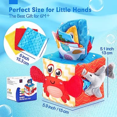 hahaland Baby Tissue Box Toy - Baby Toys 6-12 Months Montessori Toys for 6 Month Old with Textured Tails, Crinkle Tissues, Squeaky, Mirror, Gifts Play Silks Sensoy Scarves for Babies Stocking Stuffers - Image 3
