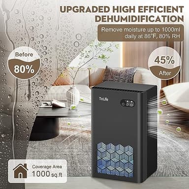ToLife Dehumidifiers for Home, 1000 sq.ft Dehumidifier for Basement Bedroom Bathroom with 95 OZ Water Tank, Auto Shut Off 7 Colors LED Light, Black - Image 2