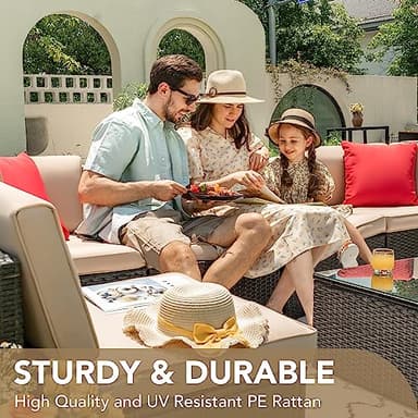 Devoko Patio Furniture Sets 6 Pieces Outdoor Sectional Rattan Sofa Manual Weaving Wicker Patio Conversation Set with Glass Table and Cushion (Beige) - Image 5