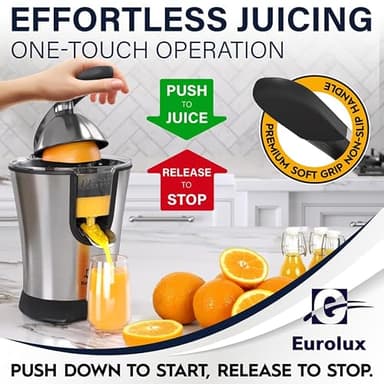 Eurolux Premium Electric Orange Juicer | Stainless Steel Citrus Squeezer With New Ultra-Powerful Motor and Soft Grip Handle for Effortless Juicing, Auto Shutoff, Dishwasher-safe Parts, Pulp Control - Image 3