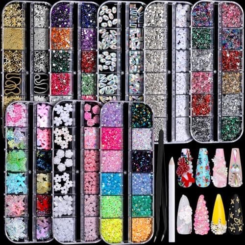 FANDAMEI Nail Charms, Nail Rhinestones Kit with 8 Boxes of Nail Gems, 3D Charms for Nails, Colorful Clear Flatback Rhinestones, Multi Shape Pearls Jewels Crystals for Craft - Image 1
