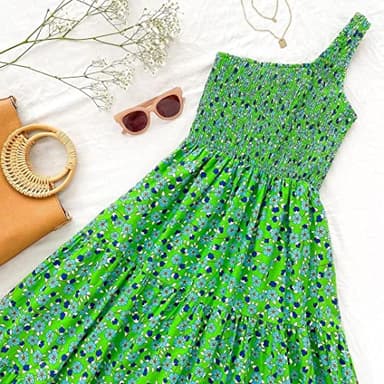 ZESICA Women's 2025 Bohemian Summer Floral Print One Shoulder Sleeveless Smocked Ruffle Tiered Beach Long Midi Dress,GrassGreen,Small - Image 4