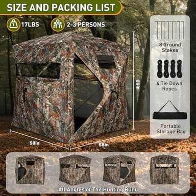 Hunting Blind with Carrying Bag, 360 Degree See Through Ground Blind for 2-3 Person, Pop Up Camouflage Hunting Tent Portable Concealed for Deer and Turkey - Image 5