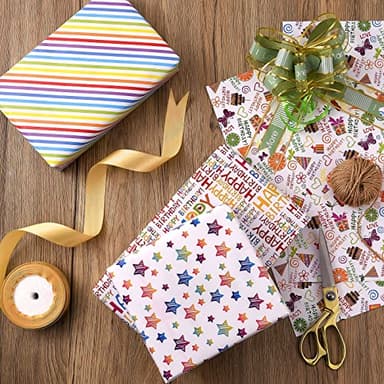 PlandRichW Birthday Wrapping Paper 12 Sheets Folded Flat for Kids, Boys, Girls, Adults.Includes Happy Birthday, Star, Rainbow, Cake 4 Colorful Designs for Baby Shower, Holiday, Party 20 X 29 Inch - Image 2