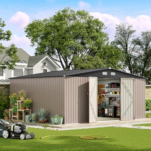 Aoxun 14x12 FT Shed Outdoor Storage Shed 800CUFT, Steel Utility Tool Shed Storage House with Door & Lock, Metal Sheds Outdoor Storage for Garden Patio Lawn Poolside, Brown - Image 1