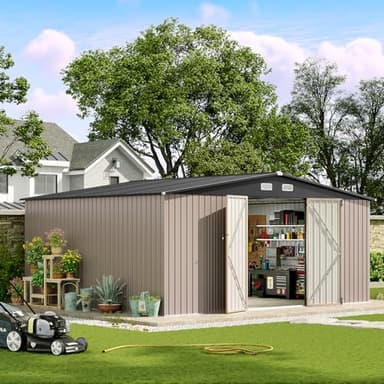 Aoxun 14x12 FT Shed Outdoor Storage Shed 800CUFT, Steel Utility Tool Shed Storage House with Door & Lock, Metal Sheds Outdoor Storage for Garden Patio Lawn Poolside, Brown - Image 1