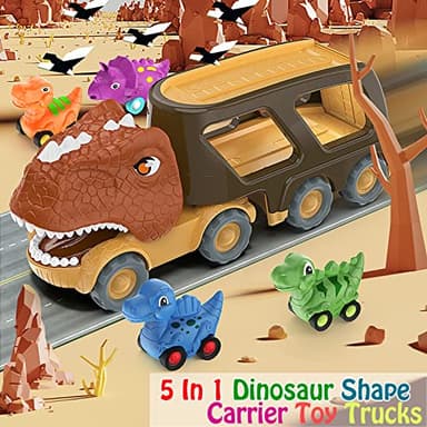 Veslier Dinosaur Car Toy for 2 3 4 5 Years Old Boys, Friction Power Carrier Truck with 4 Pack Small Pull Back Dino Car, Christmas Birthday Gift for 18+ Months Boy Girl Kids Toddlers - Image 2