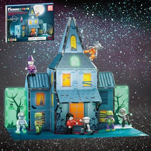 PicassoTiles Haunted House Theme Magnet Tile Building Blocks 8 Action Figures Magnetic Construction Toy Double Sided Printing Education STEM Learning Playset Halloween Adventure Kid Ages 3+ PTQ03 - Image 1