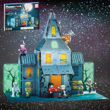 PicassoTiles Haunted House Theme Magnet Tile Building Blocks 8 Action Figures Magnetic Construction Toy Double Sided Printing Education STEM Learning Playset Halloween Adventure Kid Ages 3+ PTQ03 - Image 1