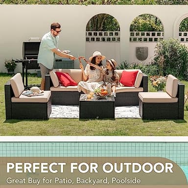 Devoko Patio Furniture Sets 6 Pieces Outdoor Sectional Rattan Sofa Manual Weaving Wicker Patio Conversation Set with Glass Table and Cushion (Beige) - Image 4