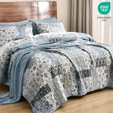 PHF Floral Patchwork Quilt Set Queen Size, 3 Pieces Reversible Lightweight Quilted Bespread for All Season, Ultra Soft Boho Coverlet Bedding Set 90" x 96"with 2 Pillow Shams, Blue - Image 2