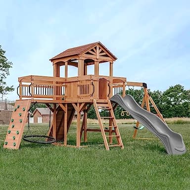 Backyard Discovery Sterling Point Cedar Wood Swing Set with Wave Slide, Raised Clubhouse, Wooden Bridge, Rock Wall, Belt Swings, Web Swing, Trapeze, Balcony, Climbing Wall, Ladder, Outdoor Playset - Image 1