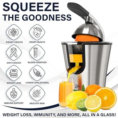 Eurolux Premium Electric Orange Juicer | Stainless Steel Citrus Squeezer With New Ultra-Powerful Motor and Soft Grip Handle for Effortless Juicing, Auto Shutoff, Dishwasher-safe Parts, Pulp Control - Image 5
