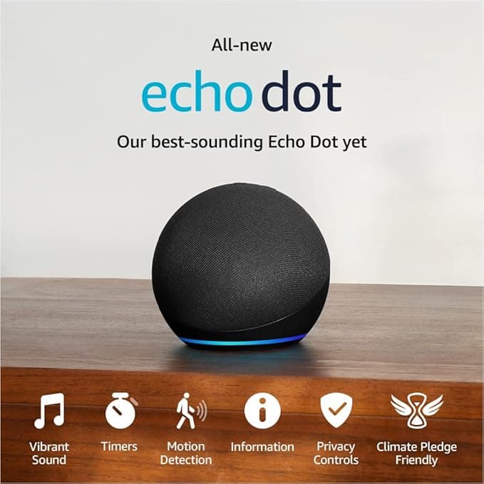 Like-New Amazon Echo Dot (newest model), Vibrant sounding Alexa speaker, Great for bedrooms, dining rooms and offices, Charcoal - Image 1