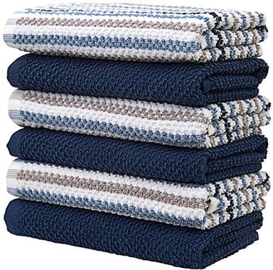 Premium Kitchen Towels (16”x 26”, 6 Pack) | Large Cotton Kitchen Hand Towels | Popcorn Striped Design | Dish Towels | 430 GSM Highly Absorbent Tea Towels Set with Hanging Loop | Blue - Image 4
