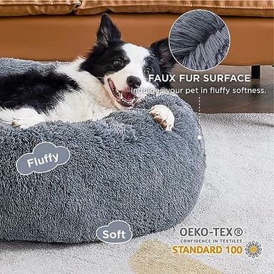 Bedsure Calming Dog Bed for Large Dogs - Donut Washable Large Pet Bed, 36 inches Anti-Slip Round Fluffy Plush Faux Fur Dog Bed, Fits up to 80 lbs Pets, Dark Grey - Image 2