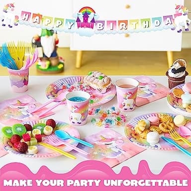 JOYIN 145 Pcs Unicorn Birthday Party Supplies with Unicorn Banner for Girls, 24 Serves Unicorn Disposable Tableware Set with Plates , Cups, Napkins, and Cutlery Sets for Unicorn Themes Party Kids - Image 8