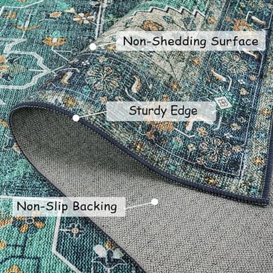 Moynesa Ultra-Thin Washable Round Rug - 4ft Oriental Circle Area Rugs for Bedroom Entryway, Teal Vintage Non Slip Non Shedding Low Pile Carpet for Living Room Coffee Table Kitchen - Image 5