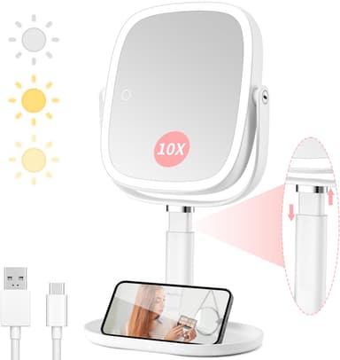 Lighted Makeup Mirror, 2600mAh Rechargeable 1x/10x Magnifying Vanity Mirror, 8.5" Height Adjustable Makeup Mirror with Lights 3 Color, 360° Rotation 2-Sided Light up Large Desk Mirror, Gifts for Women - Image 2