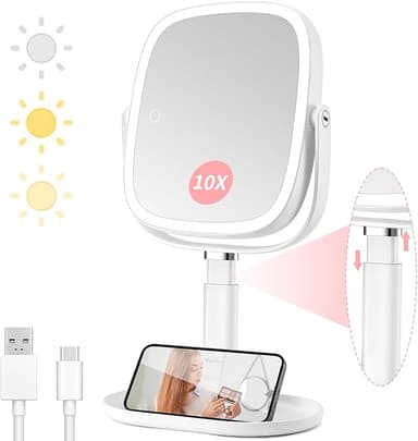 Lighted Makeup Mirror, 2600mAh Rechargeable 1x/10x Magnifying Vanity Mirror, 8.5" Height Adjustable Makeup Mirror with Lights 3 Color, 360° Rotation 2-Sided Light up Large Desk Mirror, Gifts for Women - Image 1