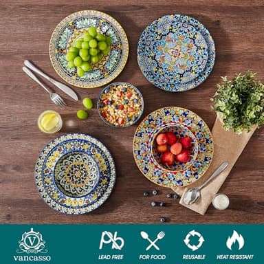 vancasso 18 Pieces Dinnerware Sets, Plates and Bowls Set, Porcelain Dishes Set for 6, Microwave and Dishwasher Safe, Scratch Resistant, Bohemian Style Dining Ware Service for 6, Series SIMI - Image 3