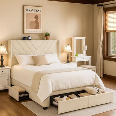 COMHOMA Queen Bed Frame with Headboard and USB & Type-C Charging Ports,Storage Drawers,Modern Upholstered Platform Frames with Padded Headboard, Heavy Duty Structure,No Box Spring Needed,White - Image 2
