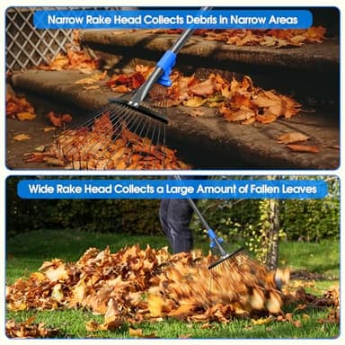 BsBsBest 61" Rake for Leaves with 18 Metal Tines 10-18" Expandable Head Rakes Adjustable Handle for Lawn Leaf Rake Yard Tools for Collecting Leaves, Grass Clippings, Garbage Blue - Image 6