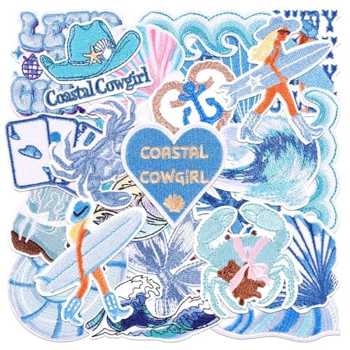 24Pcs Coastal Cowgirl Iron On Patches for Hats, Summer Ocean Embroidered Blue Patches for Girls, Heat Press Embroidery Patch for Trucker Hat/Clothes/Denim Jeans/Beach Bags - Image 1