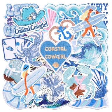 24Pcs Coastal Cowgirl Iron On Patches for Hats, Summer Ocean Embroidered Blue Patches for Girls, Heat Press Embroidery Patch for Trucker Hat/Clothes/Denim Jeans/Beach Bags - Image 1
