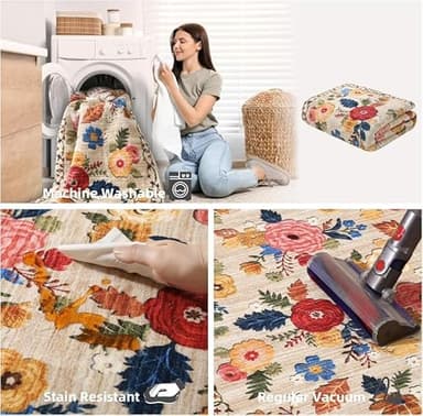 Washable Area Rugs for Living Room: 6x9 Area Rug for Bedroom Vintage Floral Large Rug Stain Resistant Non Slip Low Pile Faux Wool Soft Rugs for Entryway Dining Room Bedside Kitchen Nursery - Image 5