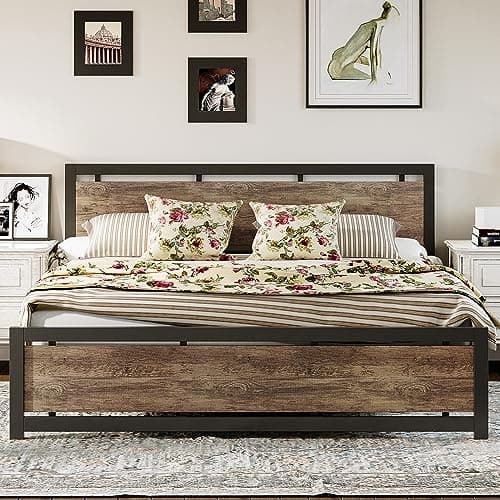 LIKIMIO King Bed Frame with Headboard and Footboard, Metal Strong Supports, Easy Assembly, Noise-Free, No Box Spring Needed, Walnut - Image 1