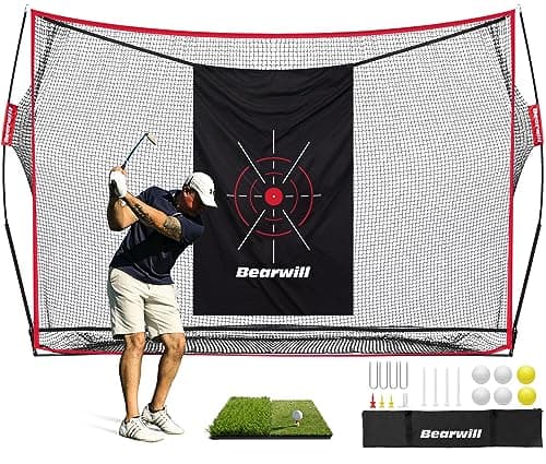 Bearwill Golf Net, 10x7ft Heavy Duty Golf Practice Nets with Mat, Target Cloth, 8 Tees, 6 Balls, Carry Bag for Backyard Driving Chipping Indoor Outdoor Training - Image 1