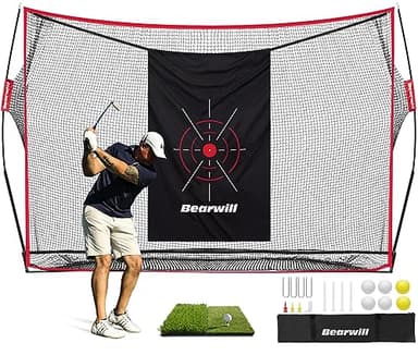 Bearwill Golf Net, 10x7ft Heavy Duty Golf Practice Nets with Mat, Target Cloth, 8 Tees, 6 Balls, Carry Bag for Backyard Driving Chipping Indoor Outdoor Training - Image 1