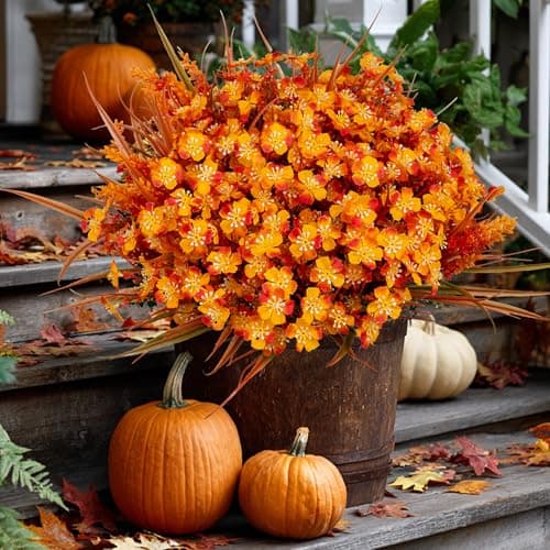 AXYLEX Artificial Fall Flowers Outdoor Fake Mums - 16 Bundles Fake Plants UV Resistant No Fade Faux Plastic Greenery Garden Porch Patio Fall Home Decor (1, OrangeGreen) - Image 1
