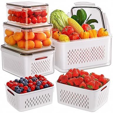 5-Pack Fruit Storage Containers for Fridge with Removable Colanders, 4 in 1 Produce Storage Containers with Lids, Leakproof Fridge Organizer Bins for Salad Berry Lettuce Vegetables Meat Keeper Fresh - Image 1