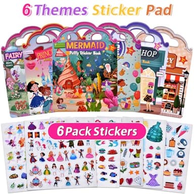 6 Set (260pcs) Puffy Sticker Books Activity for Girls, Fairytale Garden, Princess Party, Mermaid, Kids Zone, Girls' Shop, 3D Reusable Stickers, Travel Sticker Books for Kids Ages 3+ - Image 2
