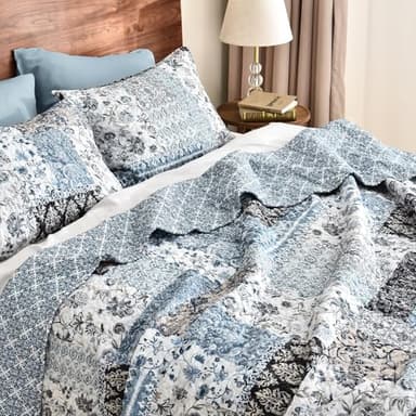 PHF Floral Patchwork Quilt Set Queen Size, 3 Pieces Reversible Lightweight Quilted Bespread for All Season, Ultra Soft Boho Coverlet Bedding Set 90" x 96"with 2 Pillow Shams, Blue - Image 4