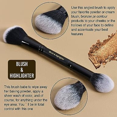 LORYP Black Makeup Brushes 2Pcs Duo End Foundation Powder Brush Set, Blush & Highlighter Brush and Round & Flat Foundation Brush - Image 5