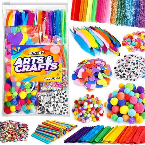 FUNZBO 2000Pcs+ Arts & Crafts Supplies Kits for Kids, DIY Craft Supplies for Toddlers Art Supply Tools Set Include Pipe Cleaners,Pom Poms and Feather, Crafts Birthday Gifts for Kid Girls Ages 4-8-12 - Image 1