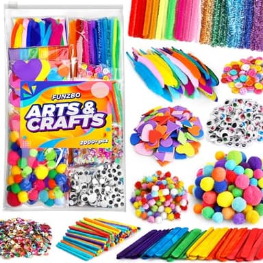 FUNZBO 2000Pcs+ Arts & Crafts Supplies Kits for Kids, DIY Craft Supplies for Toddlers Art Supply Tools Set Include Pipe Cleaners,Pom Poms and Feather, Crafts Birthday Gifts for Kid Girls Ages 4-8-12 - Image 1