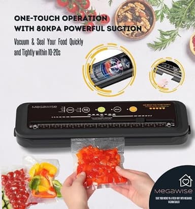 MEGAWISE Model B 2025 Vacuum Sealer | Powerful & Compact | One-Touch Automatic Food Sealer for Cold, Wet, Moist, and Dry Foods | Compatible with Thick, Medium, and Thin Bags | OMNI MACHINE (Black) - Image 2