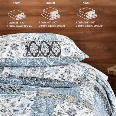 PHF Floral Patchwork Quilt Set Queen Size, 3 Pieces Reversible Lightweight Quilted Bespread for All Season, Ultra Soft Boho Coverlet Bedding Set 90" x 96"with 2 Pillow Shams, Blue - Image 7